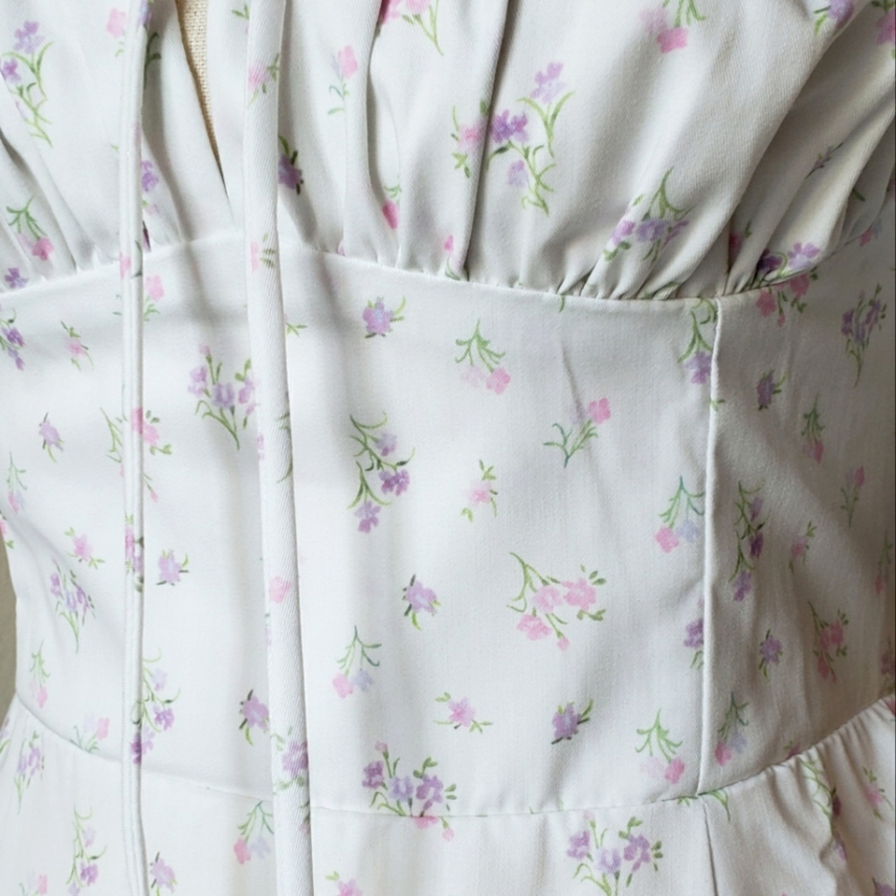 White Floral Print Puff-Sleeve Square Neck Midi Maxi Dress - Picture 6 of 12